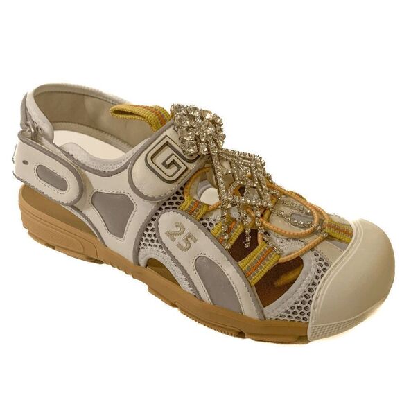 Gucci Fabric Mesh Tinsel Platform Embellished Dad Sandal EU 37 US 7 Velcro Strap - Picture 3 of 12